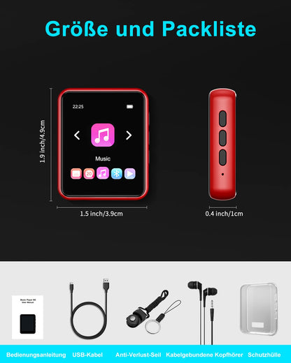 32GB MP3 Player Bluetooth 5.0, HiFi Lossless Sound Music Player with Speaker, Line-in Voice Recorder, FM Radio, 1.8" Full Touchscreen, Support up to 128 GB (with Headphones, Case)