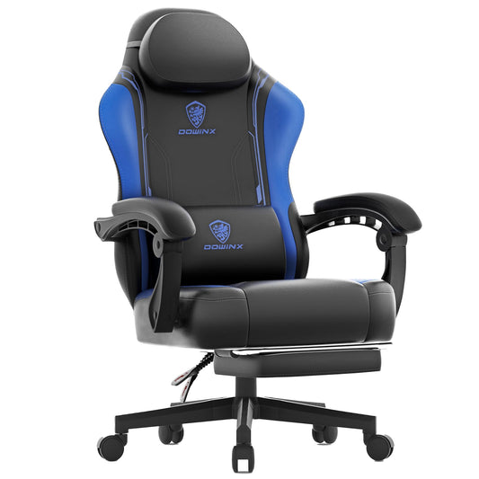 Dowinx Gaming Chair, Ergonomic Gamer Seat made of PU leather with lumbar support, massage function and wide backrest, up to 150 kg load capacity, Blue.