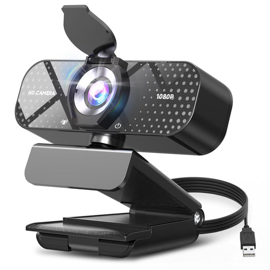 TRAUSI 1080P HD webcam with microphone, noise reduction, privacy cover, wide angle lens, auto light correction, plug & play USB webcam for laptop, desktop, PC, Mac, Zoom, Skype, streaming, black.