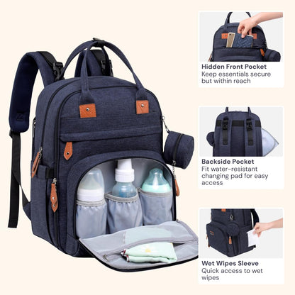 BabbleRoo Diaper Bag Backpack - Large Capacity, 17 Pockets, Water-Resistant - with Changing Pad, Removable Pacifier Holder, Stroller Straps - Travel Backpack for Mom & Dad