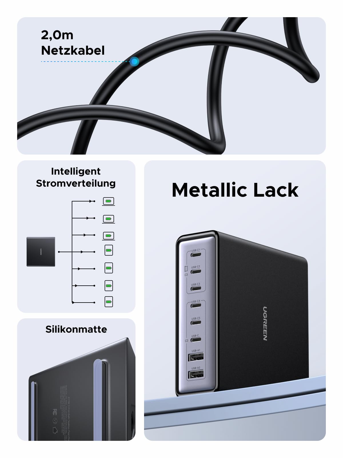 UGREEN USB C Charger 200W GaN Power Adapter 8-Port Desktop Charging Station PD Charger 100W Fast Charger PPS compatible with MacBook Pro/Air, iPhone Series, Galaxy Series, and more.