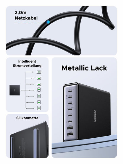 UGREEN USB C Charger 200W GaN Power Adapter 8-Port Desktop Charging Station PD Charger 100W Fast Charger PPS compatible with MacBook Pro/Air, iPhone Series, Galaxy Series, and more.