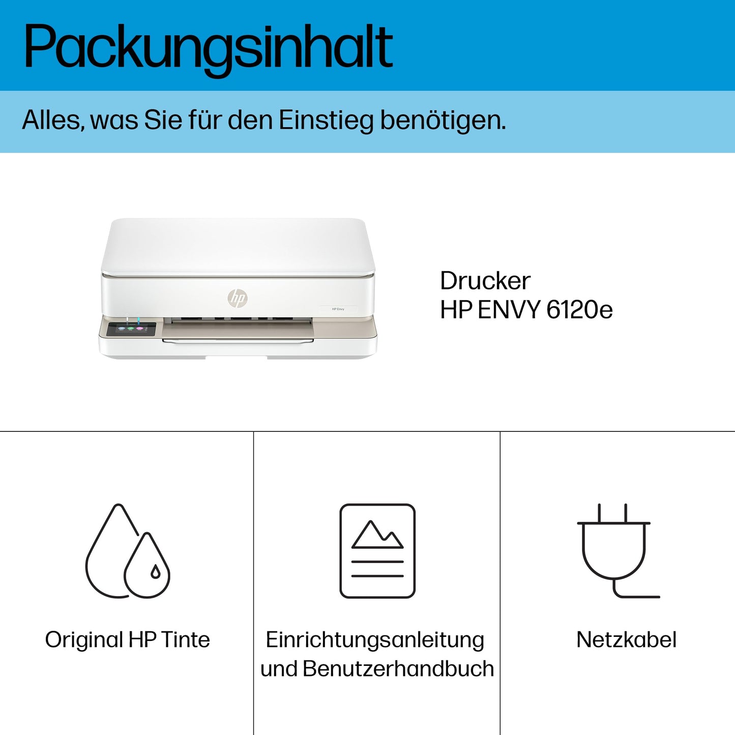 HP ENVY 6120e, all-in-one printer, 3 months of free printing with HP Instant Ink included, print, copy, scan, mobile faxing, Wi-Fi, automatic double-sided printing.