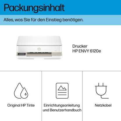HP ENVY 6120e, all-in-one printer, 3 months of free printing with HP Instant Ink included, print, copy, scan, mobile faxing, Wi-Fi, automatic double-sided printing.