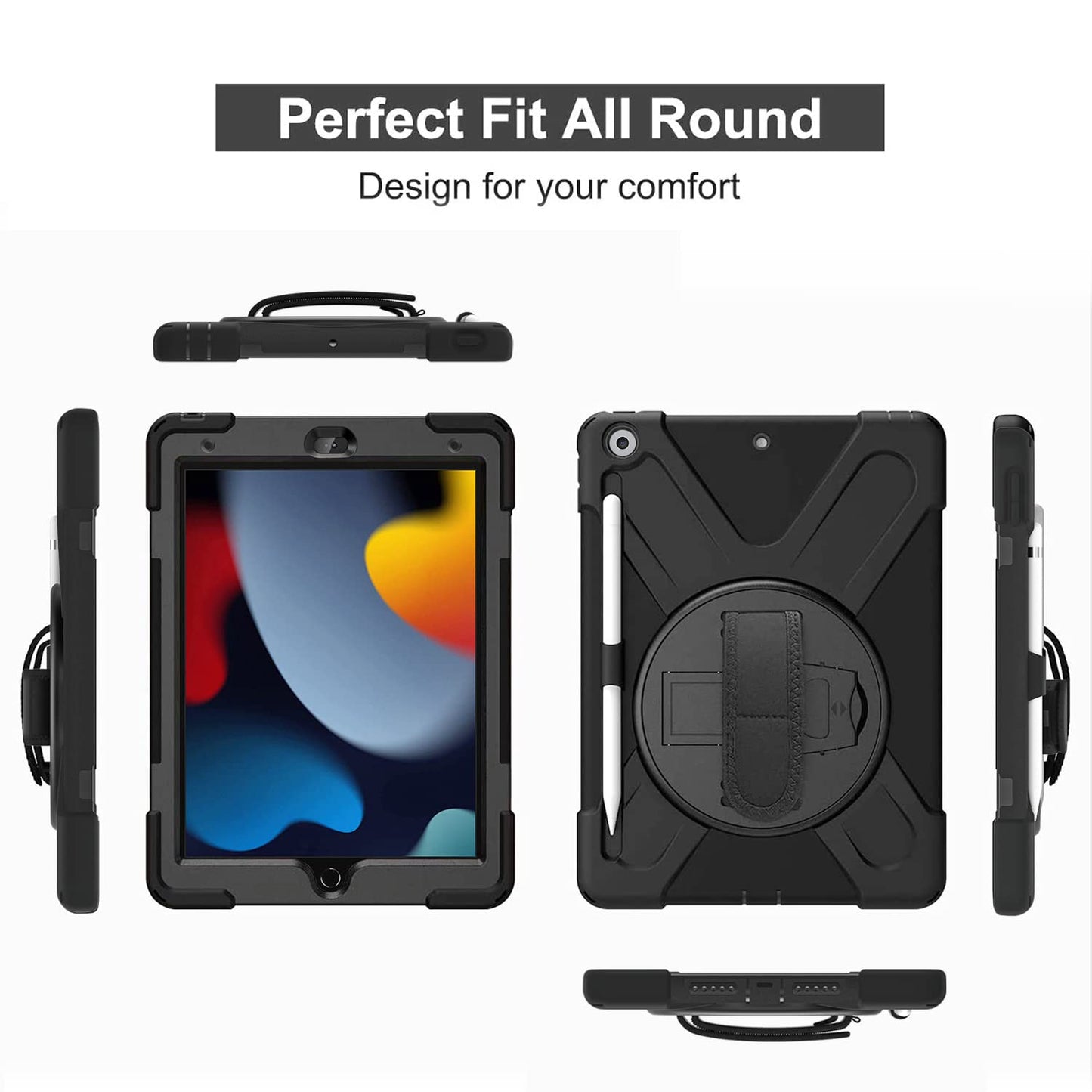 Gerutek case for iPad 9th/8th/7th Generation 10.2 Inch, Shockproof Tough Protective Case with 360° Rotating Stand Pencil Holder Hand Strap Shoulder Strap, Armor Case for iPad 10.2" 2021/2020/2019, Black