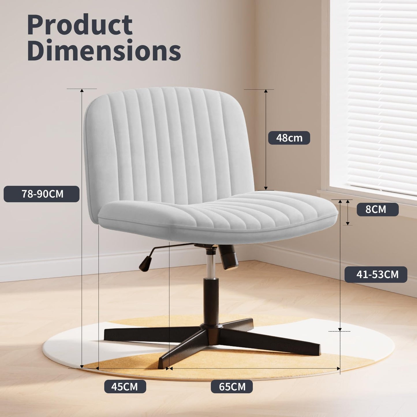 naspaluro office chair without armrests, desk chair with fabric cover, reading chair with wider cushion for sitting cross-legged, rocking function, height adjustable, 360° swivel chair for home, gray