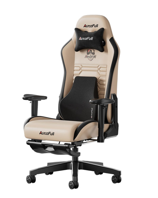 AutoFull C3 Gaming Chair, Ergonomic Gaming Chair with Lumbar Support, Height Adjustable & Reclining Function, Gaming Chairs with Footrest, 150 kg Weight Capacity, Racing Seat Design PU Leather (Brown)