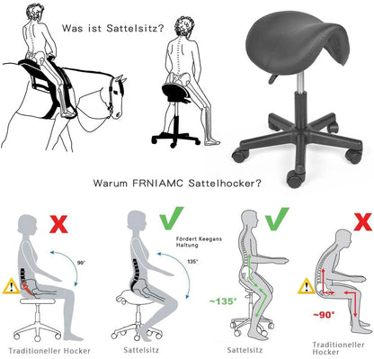 Mingone Saddle Stool Ergonomic Work Stool Height Adjustable Office Stool with Casters Saddle Chair 360° Swivel Stool for Office, Study Room, Studio, Black