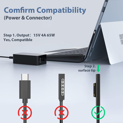 65W Surface charging cable 15V 4A Microsoft charger power supply for Surface Pro 11/X/10/9/8/7/7+/6/5/4/3, Surface Laptop 7/6/5/4/3/2/1, Surface Go 4/3/2/1, Surface Book 3/2/1, Model 1706 1796 1800 with USB