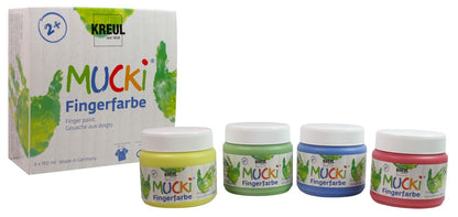 Kreul 23051 - Mucki finger paint for royal children, 6 x 50 ml & 2314 - Mucki vibrant finger paint, 4 x 150 ml in yellow, red, blue, and green, paraben-free, gluten-free, lactose-free, and vegan.