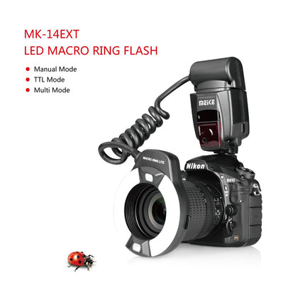 Meike MK-14EXT-N E-TTL Macro LED Ring Flash with LED AF Assist Lamp for Nikon DSLR Camera.