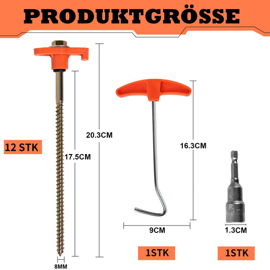 DHGKVK 12x tent pegs, swivel tent pegs with thread, rock ground stakes for camping, with adapter for power drill, with nail puller, strong steel pegs for camping and outdoor (orange color)