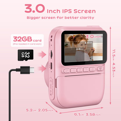 GREENKINDER Instant Camera for Kids, 14MP 3.0 Inch Screen Kids Camera Instant Camera with 32G Card, Printing Paper & Colored Pens, 1080P Kids Camera Instant Print, 3-12 Years