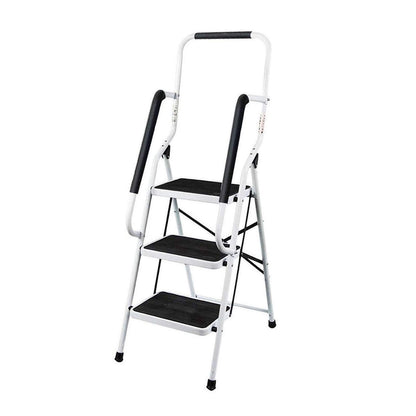 3-step folding step ladder with handrail. Compact, sturdy design features high-quality steel steps with non-slip treads for use at home, in the office, or in the kitchen.