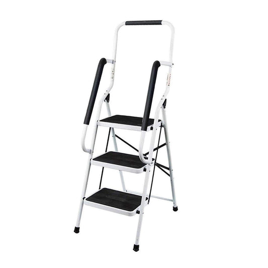 3-step folding step ladder with handrail. Compact, sturdy design features high-quality steel steps with non-slip treads for use at home, in the office, or in the kitchen.