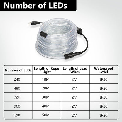 Ikodm LED light rope outdoor 1200 LEDs 50m light rope with timer 8 lighting modes waterproof string lights powered by electricity for indoor party Christmas Halloween wedding, warm white