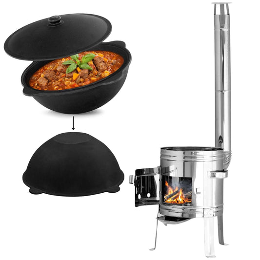 38 cm chimney with 12L cauldron; stainless steel Uchag with chimney; camping stove, fire pit, goulash cauldron, wok, one-pot stove, Hungarian kettle, pot for field kitchen.