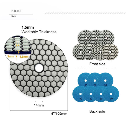SHDIATOOL Dry Diamond Polishing Pads 7pcs Grit 50 for Granite Concrete Marble Dia 4 Inch/100MM