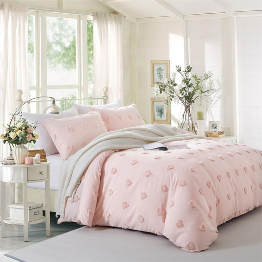 Freyamy Bohemian bedding set 135x200cm 2-piece Pink Tufted Heart Boho bedding Embroidery Shabby Chic bedding sets Microfiber Soft duvet cover with zipper and pillowcase 80x80cm