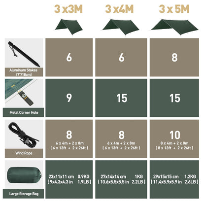 VOSOIR Tarp 3x4M Waterproof, Ultralight Camping Tent Tarp, with 15 Eyelets+6 Aluminum Pegs+8 Nylon Ropes, Anti-UV Snow Rain Protection, Lightweight Compact for Hammock Camping Picnic Hiking (Dark Green)