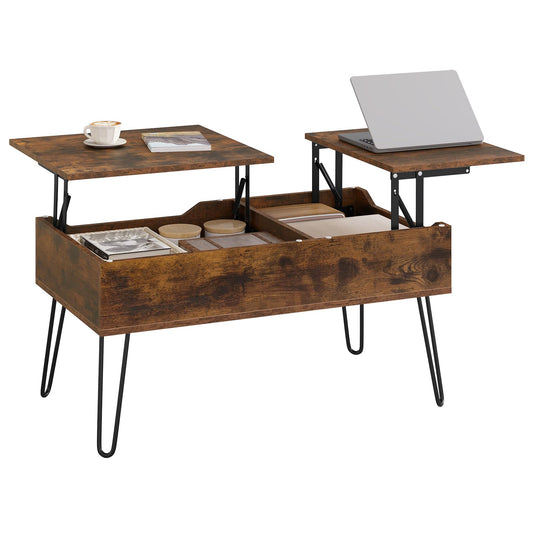 WOLTU coffee table adjustable in height, side table with double lifting plates, lift-top table, living room table, hidden storage space, rustic brown, wood-metal composite, BTS14vbn