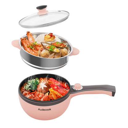 Audecook Electric Hot Pot with Steamer, 1.5 L/20cm Electric Frying Pan Hotpot Pot Non-Stick Mini Electric Skillet, Multicooker for Dorm Ramen, Steak (C (pink/1.5l with steamer))