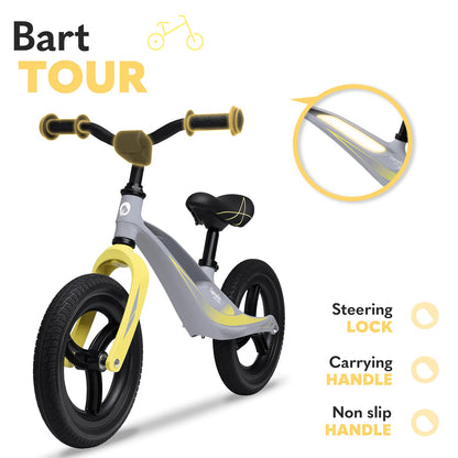 Lionelo Bart Tour balance bike for ages 2 and up to 30 kg, magnesium frame, sporty style, maintenance-free PU 12" wheels, adjustable handlebar and saddle, durable and very light.