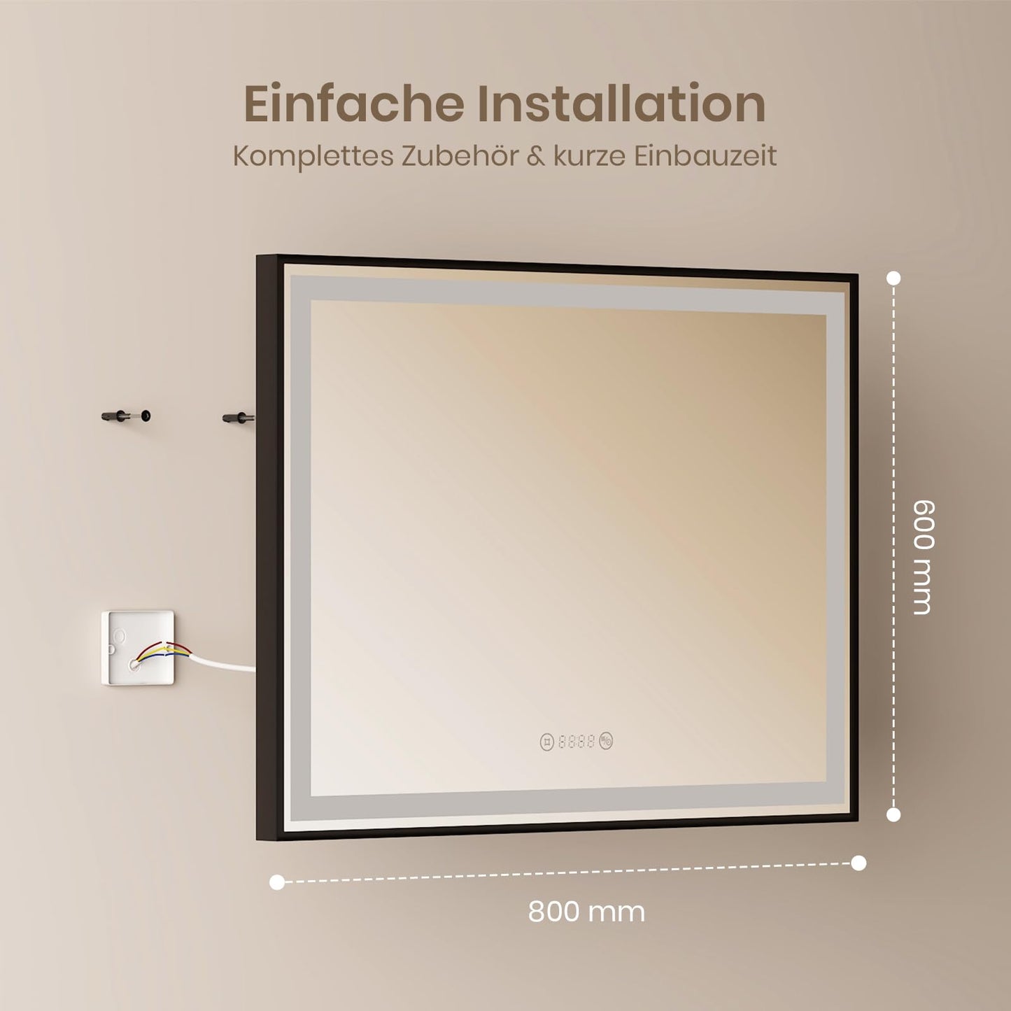 EMKE Bathroom Mirror with Lighting 80x60cm, black with touch control, dimmable, anti-fog, clock, memory function, and neutral light 4300K, energy-saving wall mirror IP44