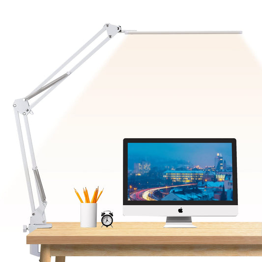 LED desk lamp, Dimmable Clamp Architect lamp with swivel arm, Memory function & USB port Office Table Lamp, 3 color temperatures and 10 brightness levels for reading, working, learning, 12W White