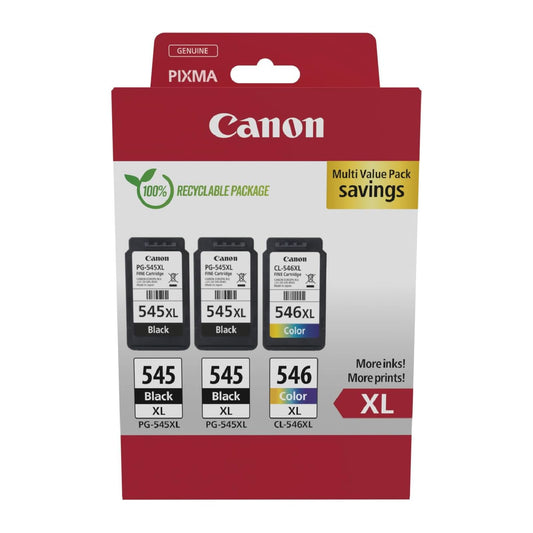 Canon ink cartridges & paper multipack- PG-545XL/CL-546XL Original high yield printer cartridges 2 pack (2X black, 1 x color)
