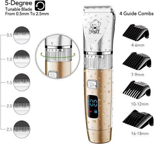 Hatteker pet hair clipper trimmer for dogs and cats, professional grooming tool with rechargeable battery, cordless and low noise design.
