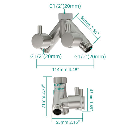 Tecmolog 2-Way Y Distributor 1/2 Inch Brass Adapter Diverter Valve Shower with Shut-off Valves, Brushed Nickel, DSF014ANA