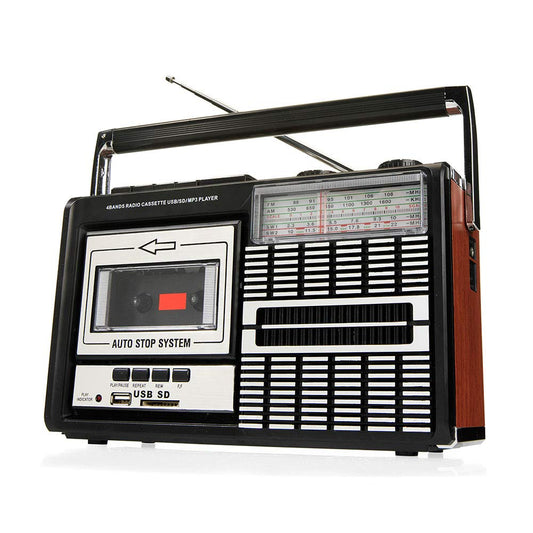 Ricatech PR85-80s cassette recorder, AM/FM/SW radio, USB, SD card slot, built-in microphone, auto stop, portable, 1x8 watt built-in speakers, headphone jack.