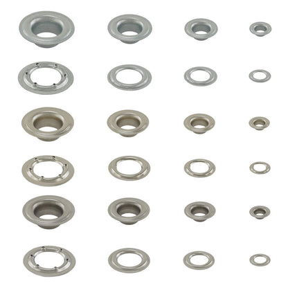 GETMORE Parts eyelet press set consisting of spring punch press + eyelet tool + 500 pieces of eyelets according to DIN 7332, brass, silver nickel-plated, 12 mm