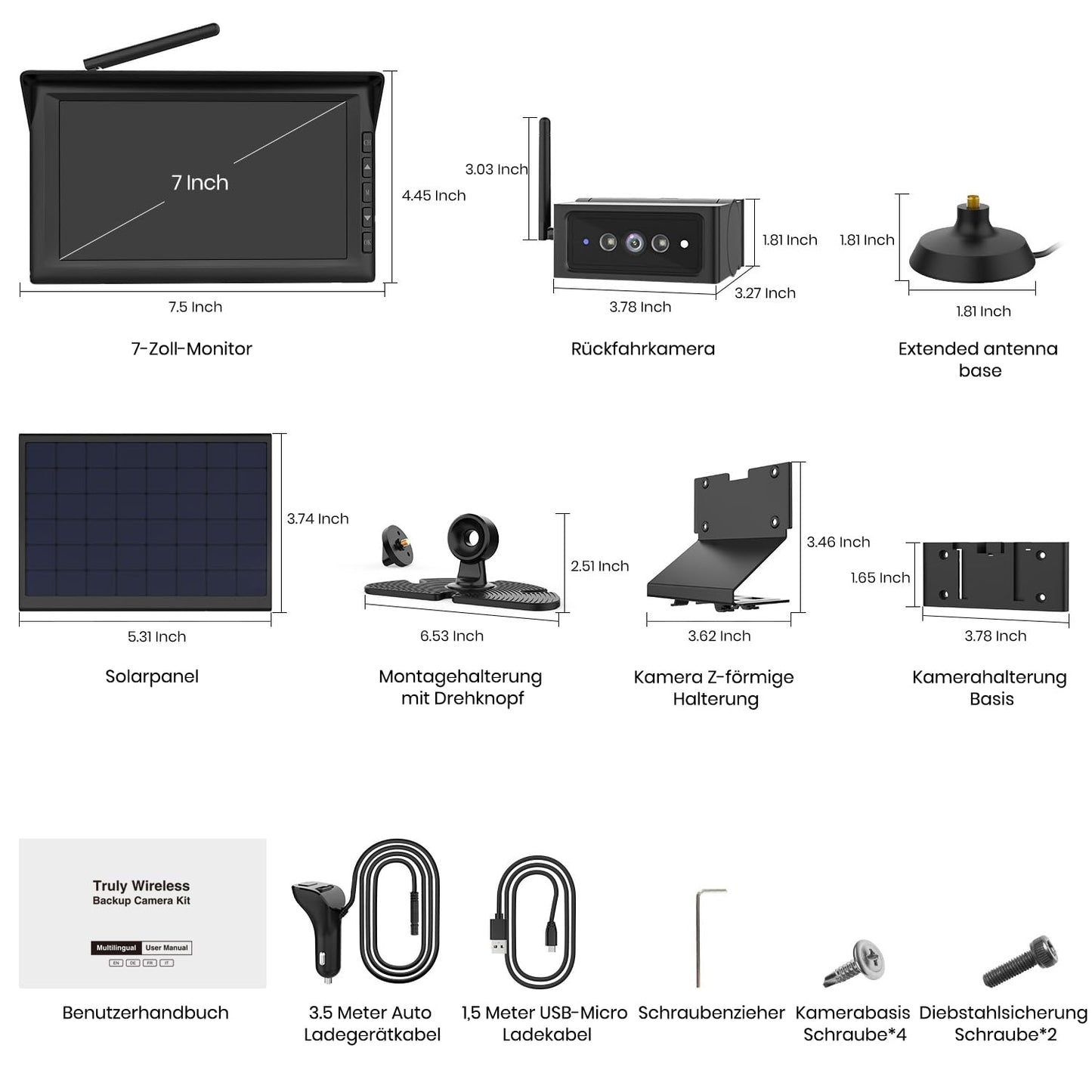 AUTO-VOX Solar Truly Wireless Backup Camera Kit with IR Night Vision, 1080P Wireless Digital Backup Camera with 7" Split-Screen Monitor for Truck, RV, Camper, Trailer, Van, Bus (Solar4)
