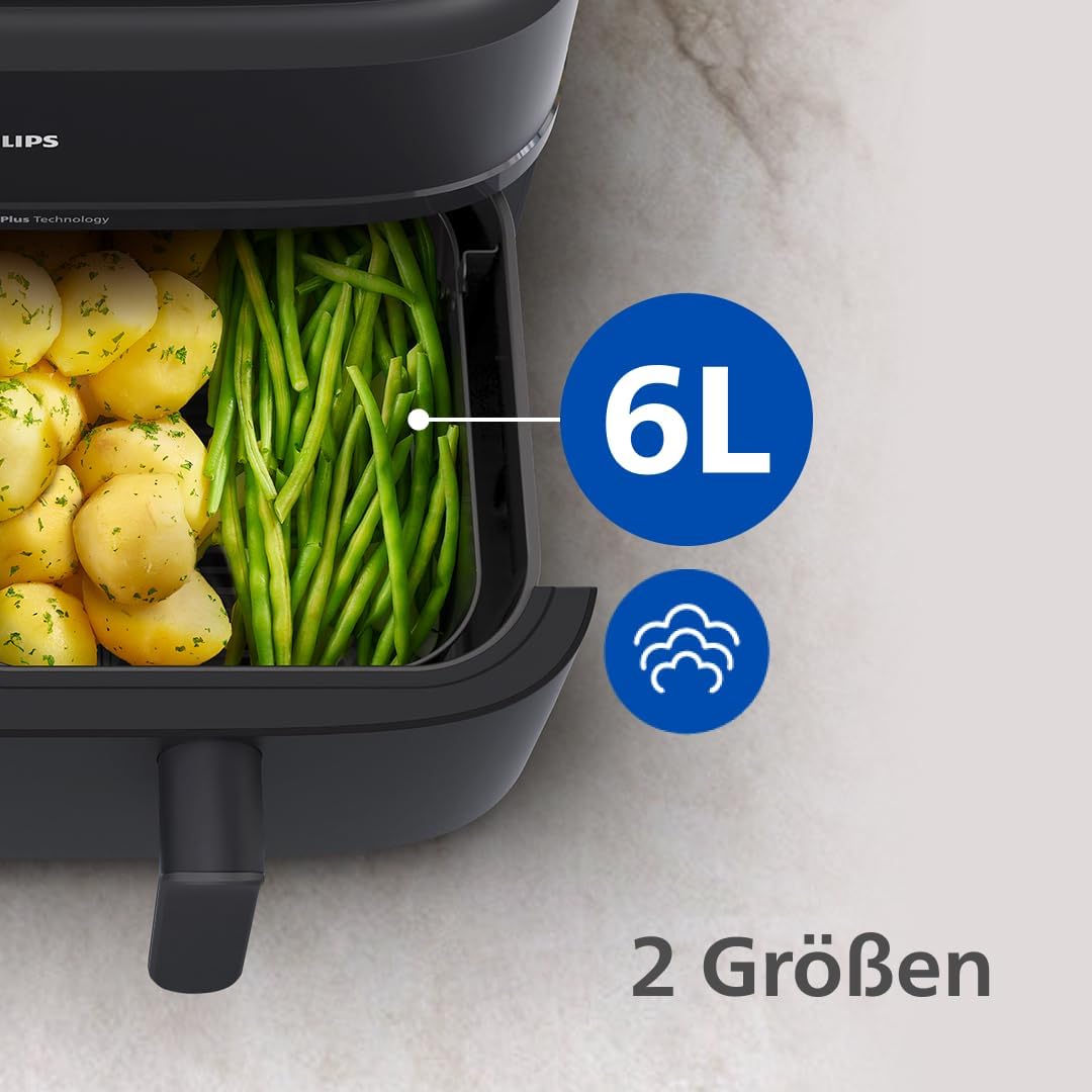 Philips Steam Airfryer 5000 Series Dual Basket - Airfryer & Steamer in one device, 9L, RapidAir Plus Technology, 19 cooking functions, 90% less fat, 2 baskets, steam cleaning (NA550/00)