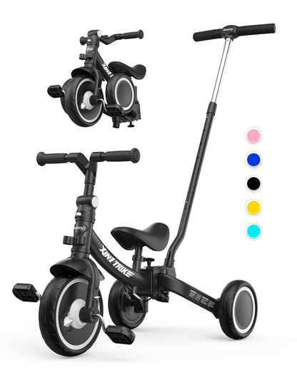 Besrey 7 in 1 Toddler Tricycle with steering handle for 1-5 years, foldable wheels, toddler bike with wheel coupling, larger wheels, detachable pedals, adjustable seat height, Black