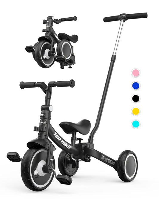 Besrey 7 in 1 Toddler Tricycle with steering handle for 1-5 years, foldable wheels, toddler bike with wheel coupling, larger wheels, detachable pedals, adjustable seat height, Black