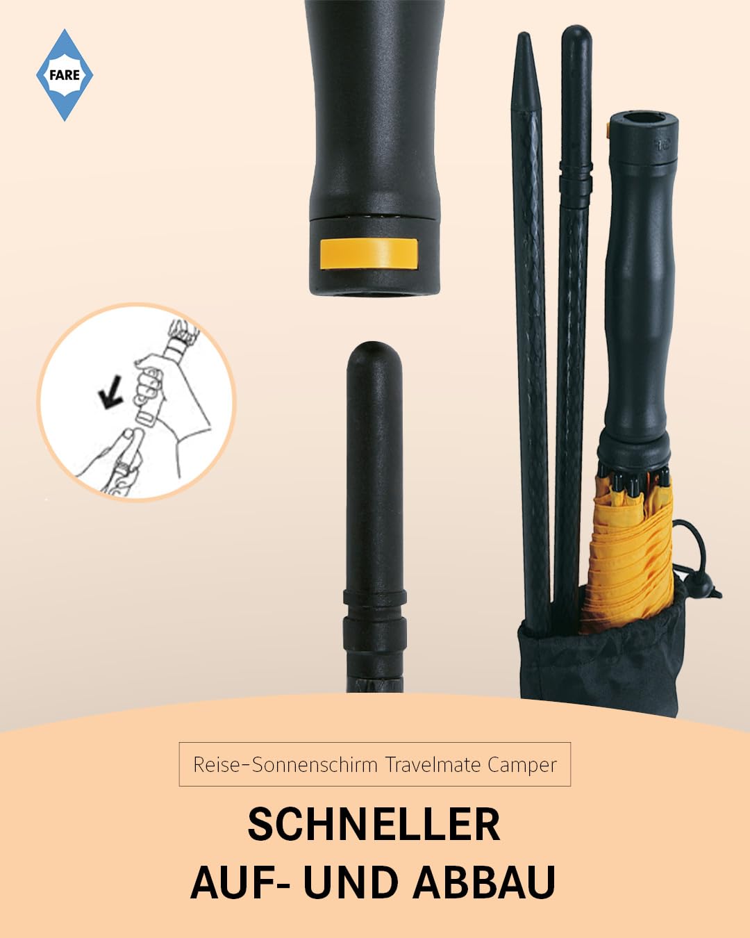 FARE Travel Sun Umbrella Travelmate Camper - Lightweight & Compact, UV Protection UPF50+, Ideal for Travel, Beach, Outdoor & Camping - Can also be used as a rain umbrella.