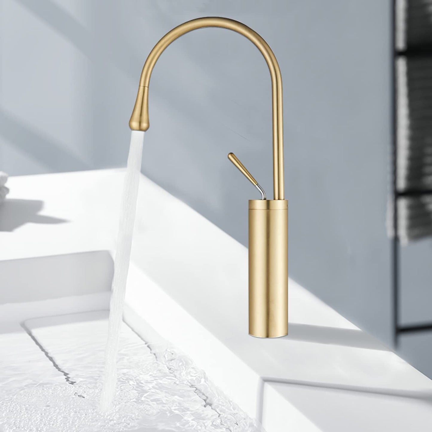 JUNSOTTOR Bathroom Faucet Brushed Gold Basin Tap Single Handle High Basin Mixer made of Brass