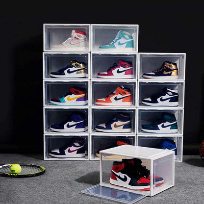 BITUXX LEX21 Shoe Box Stackable Storage Plastic Container Shoe Case Shoe Organizer up to Size 47 (White, Set of 6)