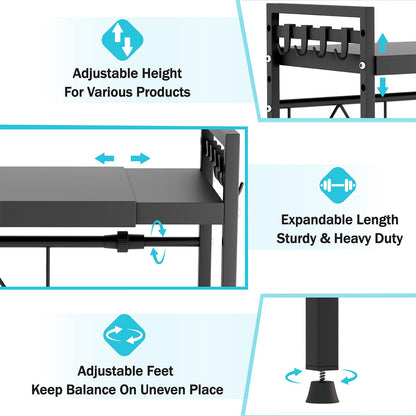 Mointal Adjustable Microwave Shelf, 2-Tier Expandable Kitchen Microwave Stand Rack, Carbon Steel Microwave Holder, Kitchen Storage Organizer with 8 Hooks, Black