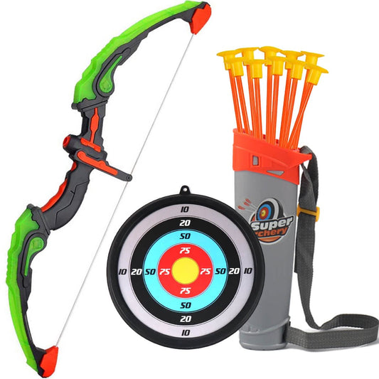AUVIM Archery Set bow and arrow set for kids with LED lights. Includes 1 target, 10 suction cup arrows, and 1 arrow holder. Toy bow set for boys and girls ages 6 and up. Perfect for outdoor and indoor play.