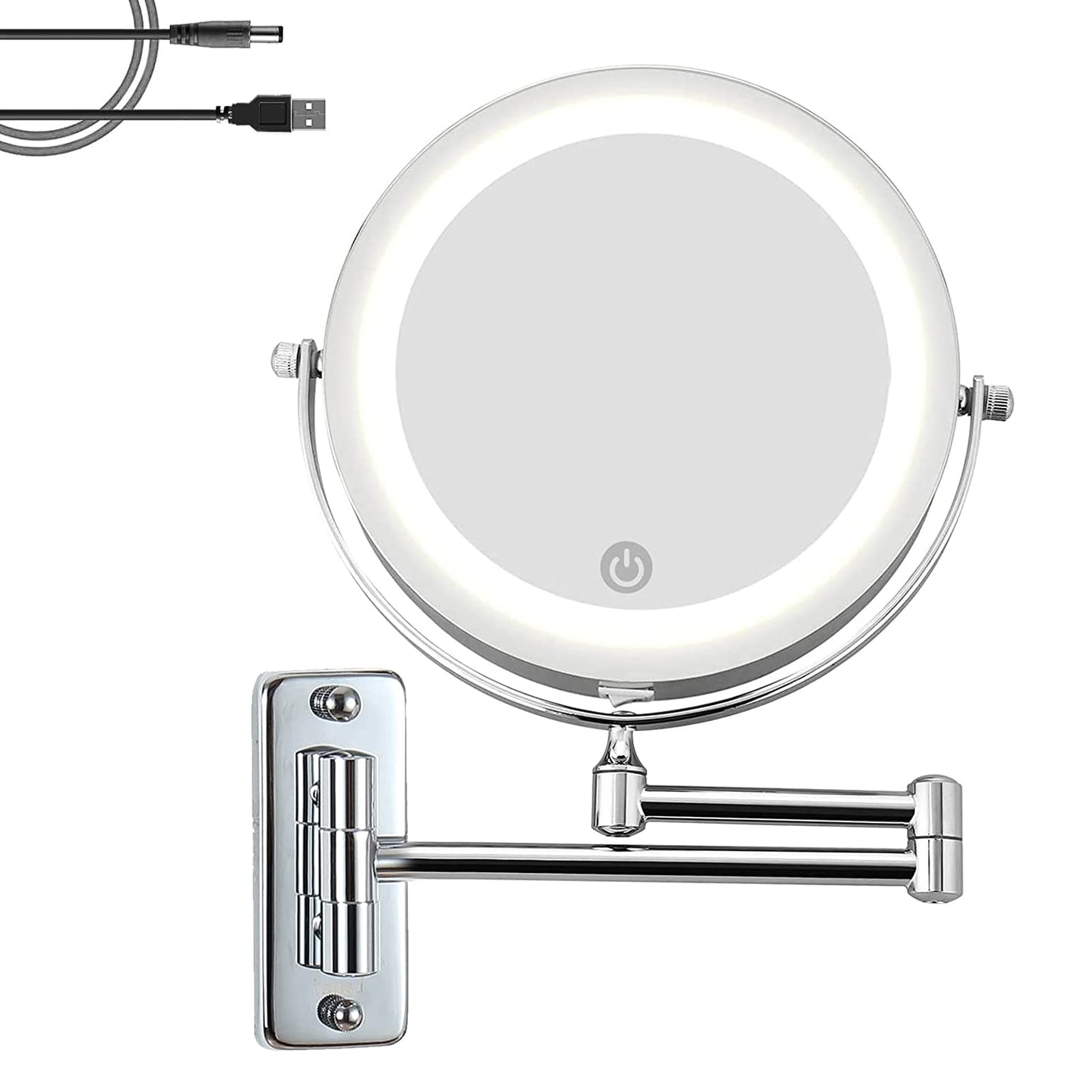 AUPERTO LED Lighted Makeup Mirror - Wall-mounted makeup mirror with 1x/10x magnification, touch button adjustable light, 360° swivel wall mount, and USB rechargeable for bathroom.