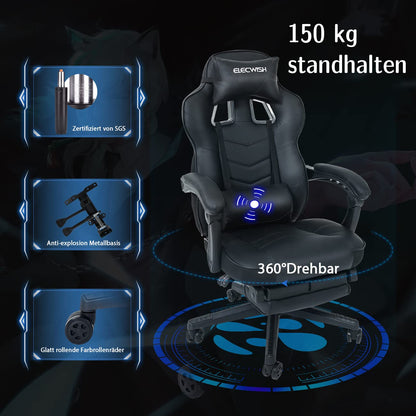 Puluomis Gaming Chair, Office Chair with Footrest, Racing Gaming Chair, PC Chair, Swivel Height Adjustable, 90-150° Backrest Adjustable, Removable Headrest, Lumbar Pillow, Ergonomic, Black