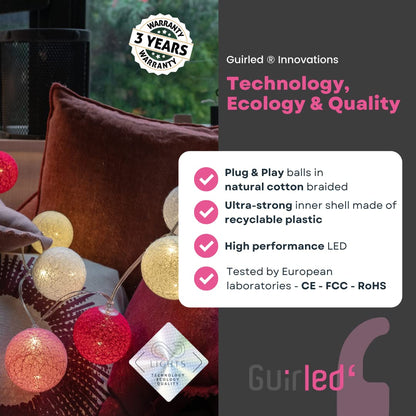GuirLED - LED Cotton Ball String Lights USB - Wireless Remote Control - Baby Night Light 2h - Dual USB 2A Adapter Included - 4 Brightness Levels - 16 Balls 1.6m - Provence
