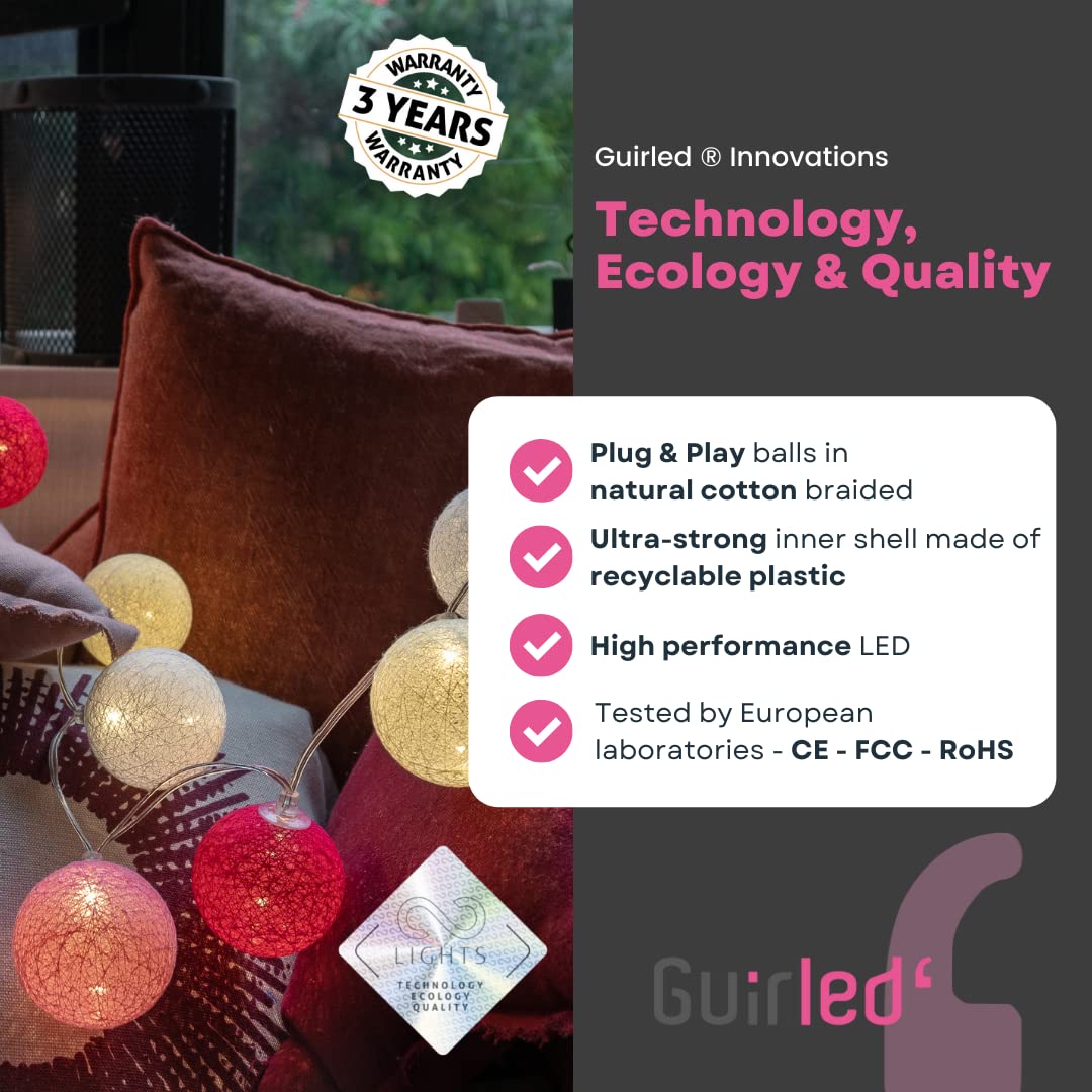 GuirLED - LED cotton ball string lights USB - Wireless remote control - Baby night light 2h - Dual USB 2A power adapter included - 4 intensities - 32 balls 3.2m - Églantine