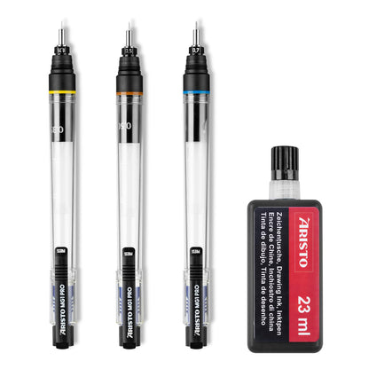 Aristo AH64300 mg1 Pro Drawing Pen Basic Set 4-piece (3 Drawing Pens mg1 Pro, line widths 0.35/0.5/0.7 mm, black drawing ink)