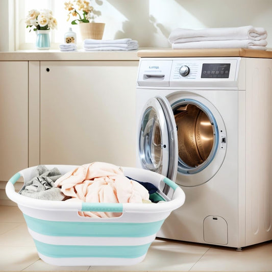 SAMMART foldable plastic laundry basket, 40L, collapsible pop-up storage container/organizer - portable wash tub - space-saving laundry hamper (1, White/Sea Green)