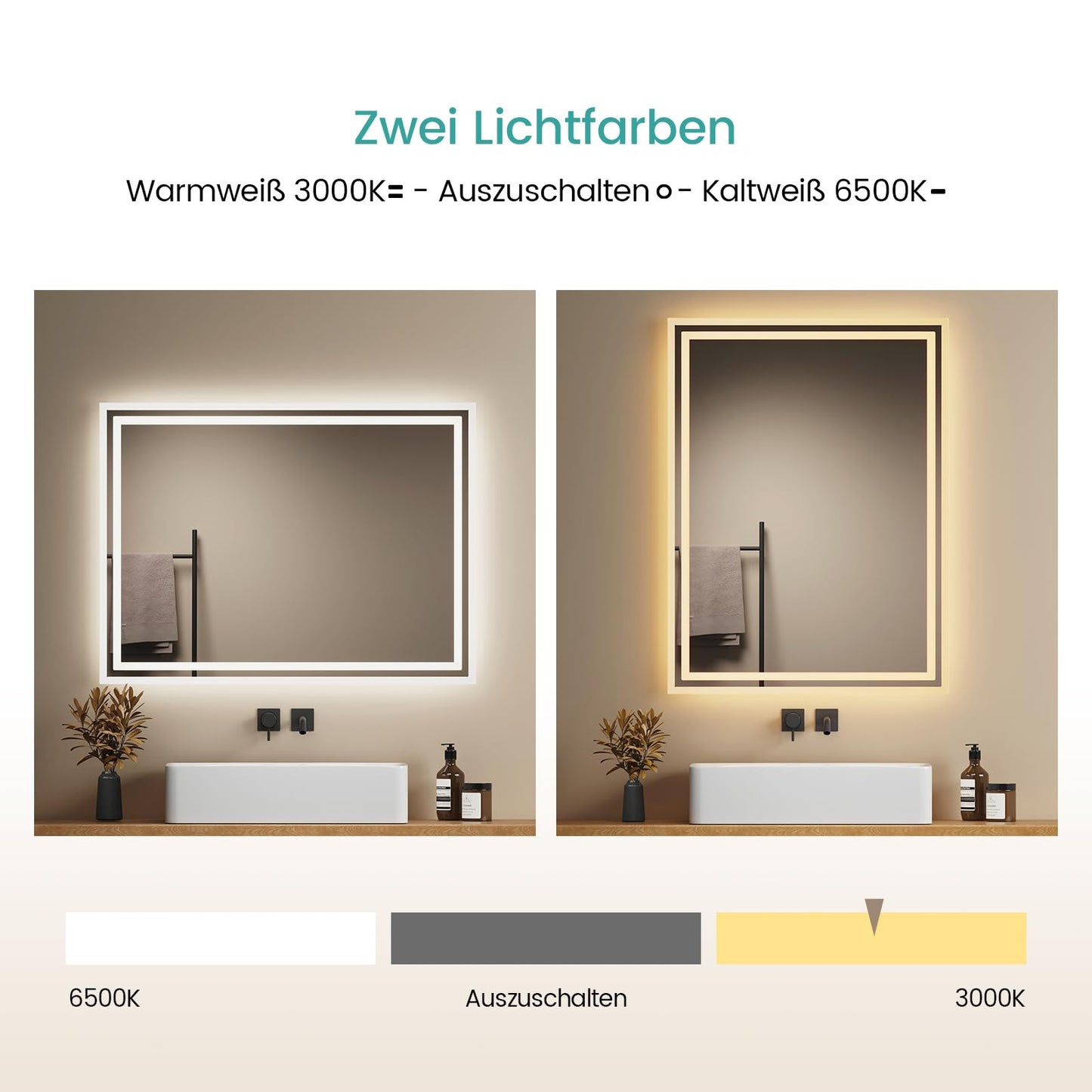 EMKE LED bathroom mirror 80x60cm LED wall mirror with warm white and cool white lighting Bathroom mirror with demister + touch control